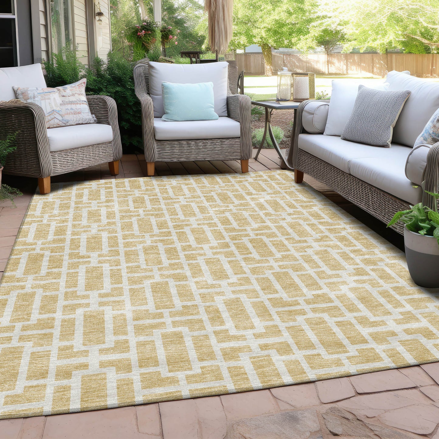Tabselect Home Line 8' X 10' Wheat And Ivory Geometric Washable Indoor Outdoor Area Rug