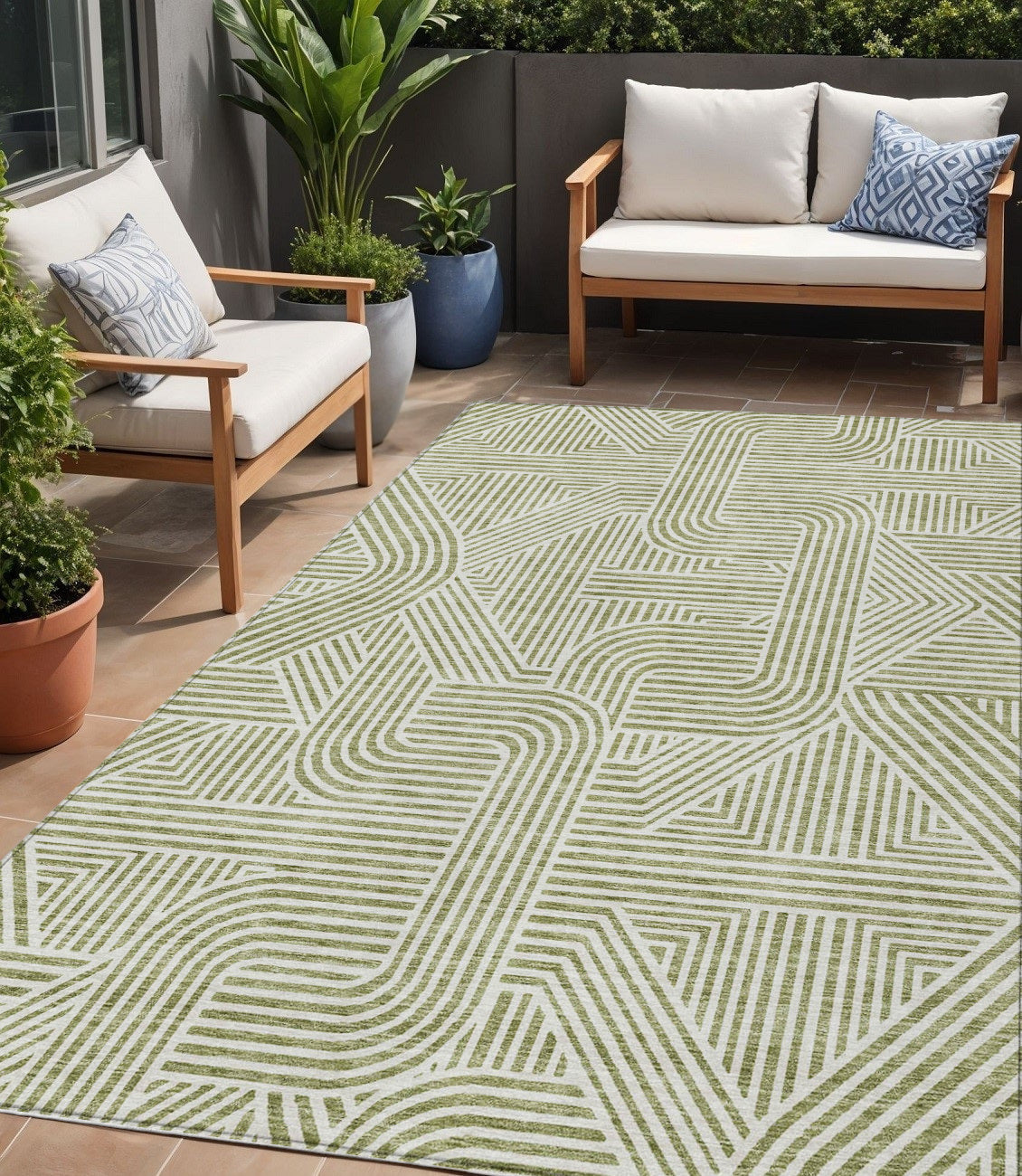 Tabselect Home Line 5' X 8' Artichoke Green And Ivory Abstract Washable Indoor Outdoor Area Rug
