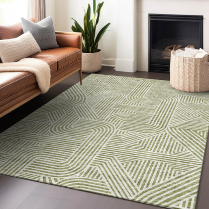 Tabselect Home Line 5' X 8' Artichoke Green And Ivory Abstract Washable Indoor Outdoor Area Rug