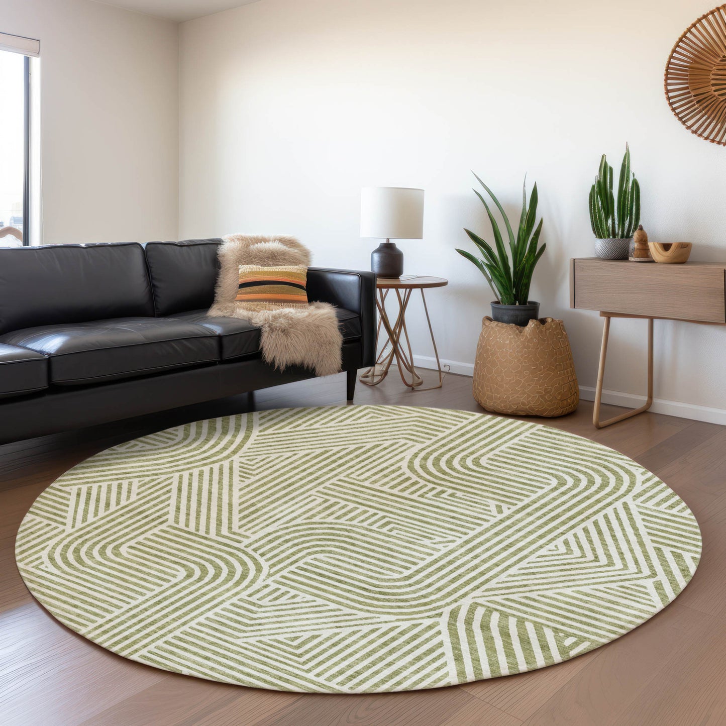 Tabselect Home Line 8' Artichoke Green And Ivory Round Abstract Washable Indoor Outdoor Area Rug