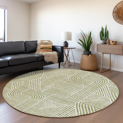 Tabselect Home Line 8' Artichoke Green And Ivory Round Abstract Washable Indoor Outdoor Area Rug