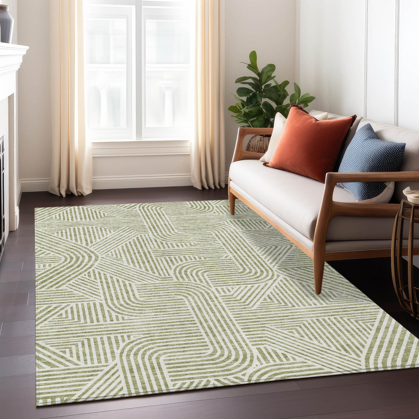 Tabselect Home Line 9' X 12' Artichoke Green And Ivory Abstract Washable Indoor Outdoor Area Rug