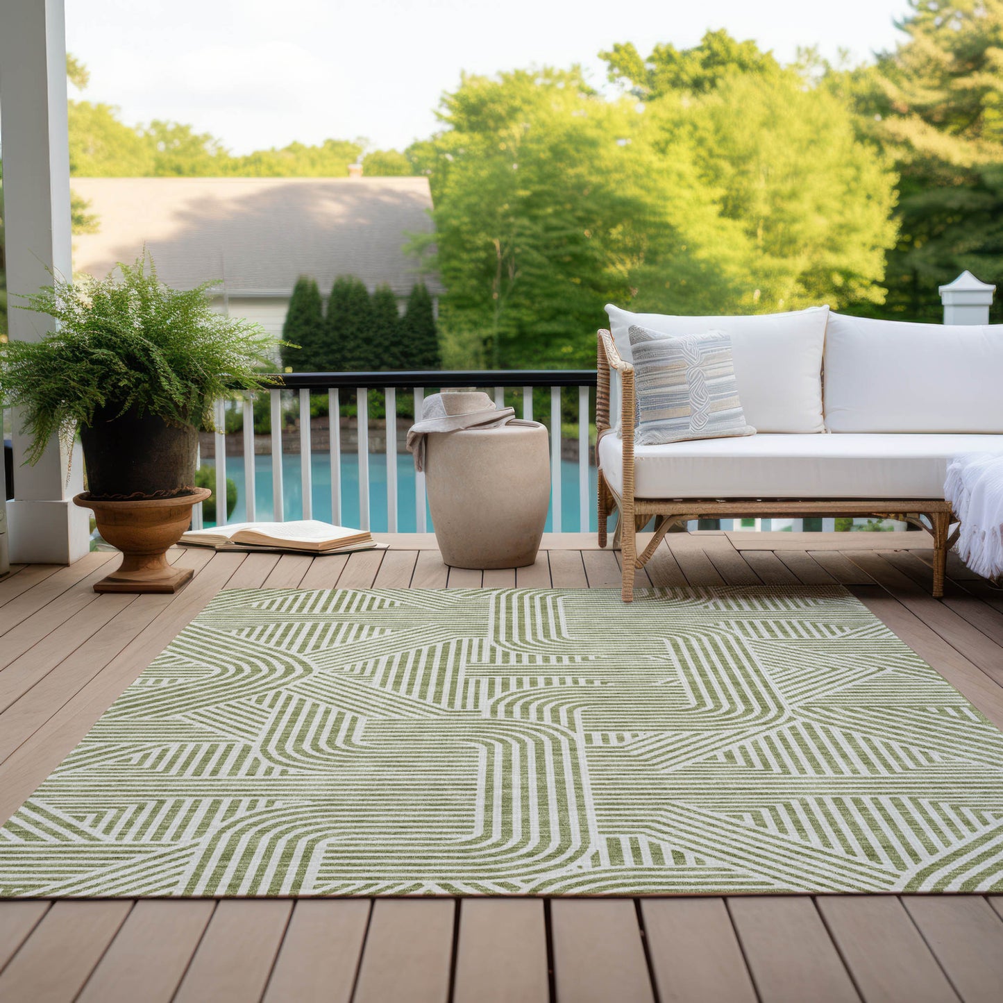 Tabselect Home Line 9' X 12' Artichoke Green And Ivory Abstract Washable Indoor Outdoor Area Rug