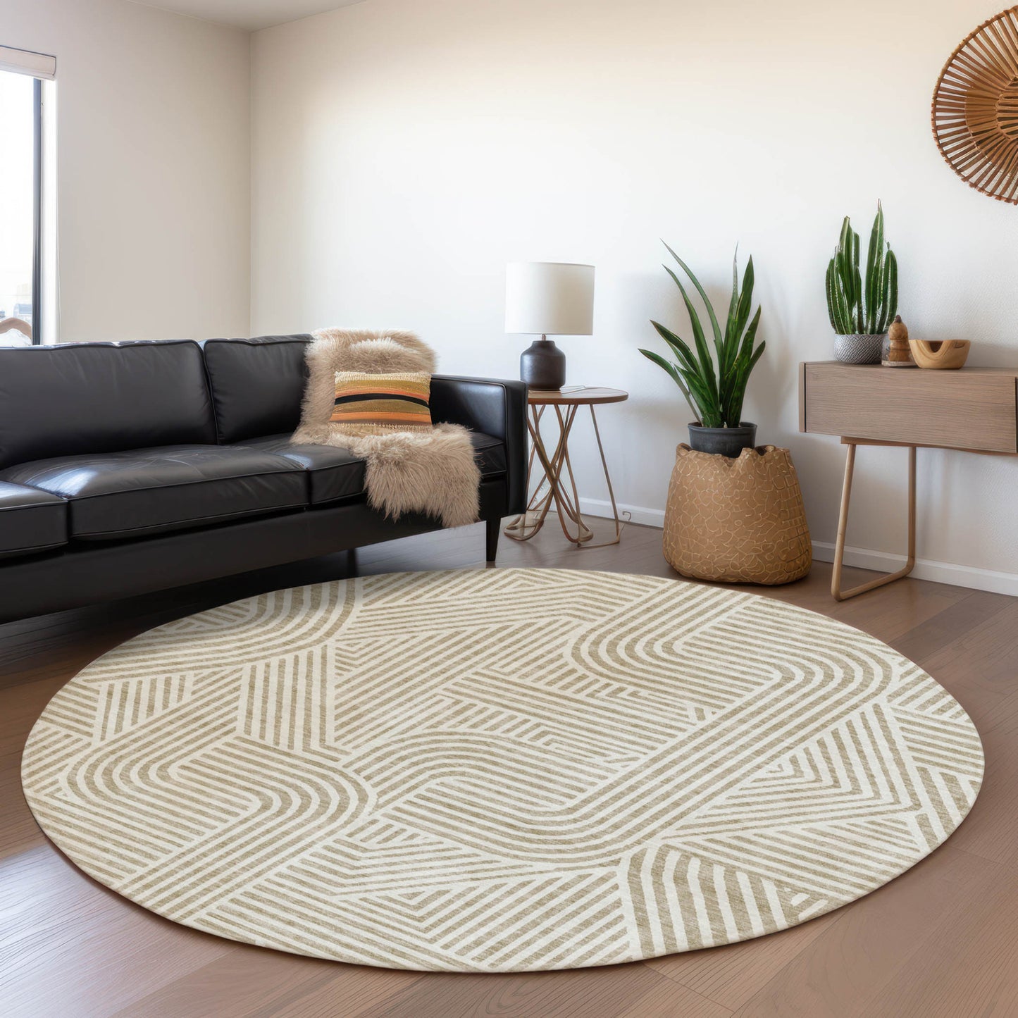 Tabselect Home Line 8' Beige And Brown Round Abstract Washable Indoor Outdoor Area Rug