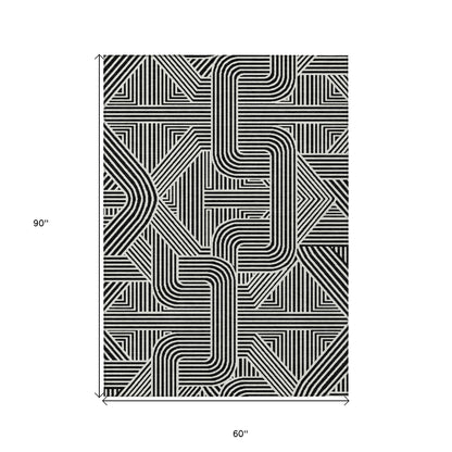 Tabselect Home Line 5' X 8' Black And Ivory Abstract Washable Indoor Outdoor Area Rug