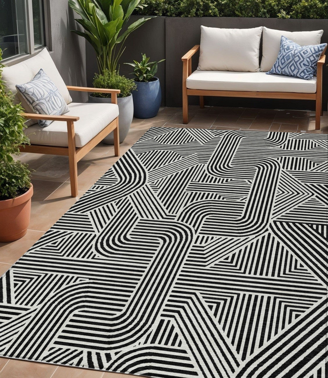 Tabselect Home Line 5' X 8' Black And Ivory Abstract Washable Indoor Outdoor Area Rug