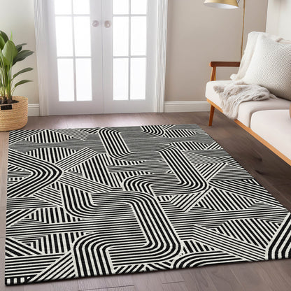 Tabselect Home Line 5' X 8' Black And Ivory Abstract Washable Indoor Outdoor Area Rug