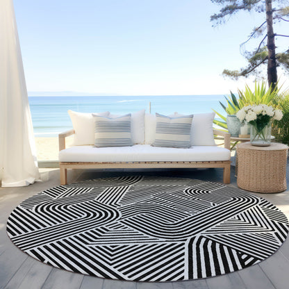 Tabselect Home Line 8' Black And Ivory Round Abstract Washable Indoor Outdoor Area Rug
