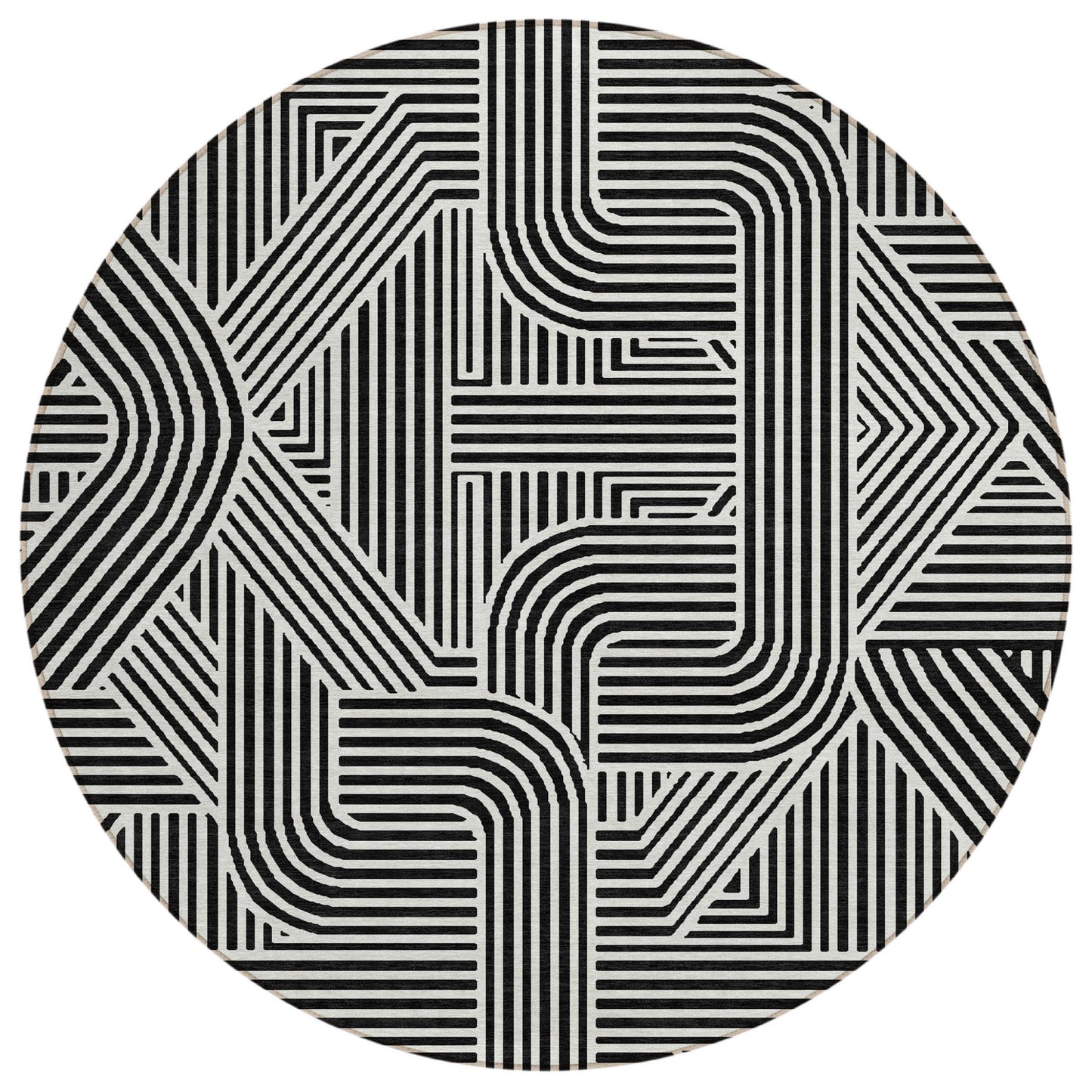 Tabselect Home Line 8' Black And Ivory Round Abstract Washable Indoor Outdoor Area Rug