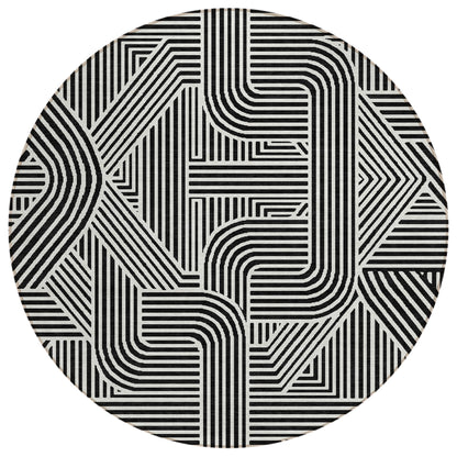 Tabselect Home Line 8' Black And Ivory Round Abstract Washable Indoor Outdoor Area Rug