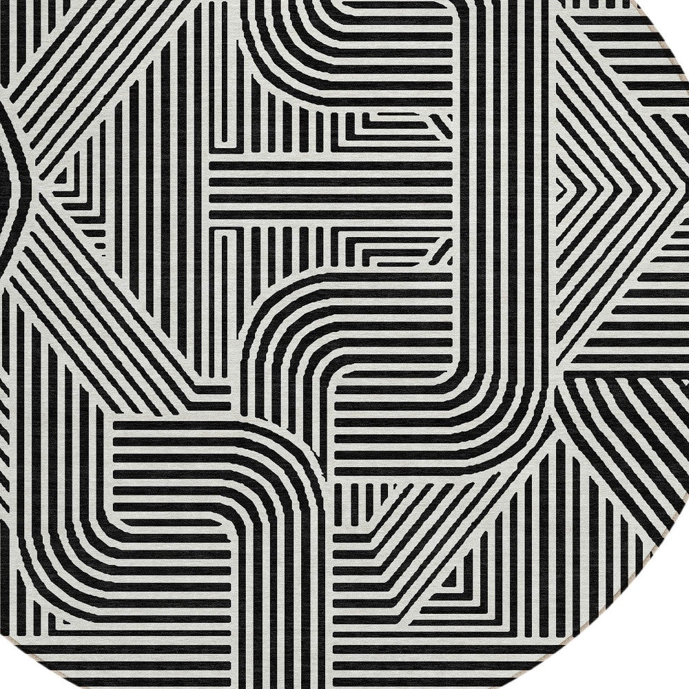 Tabselect Home Line 8' Black And Ivory Round Abstract Washable Indoor Outdoor Area Rug