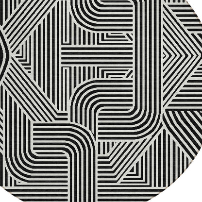 Tabselect Home Line 8' Black And Ivory Round Abstract Washable Indoor Outdoor Area Rug