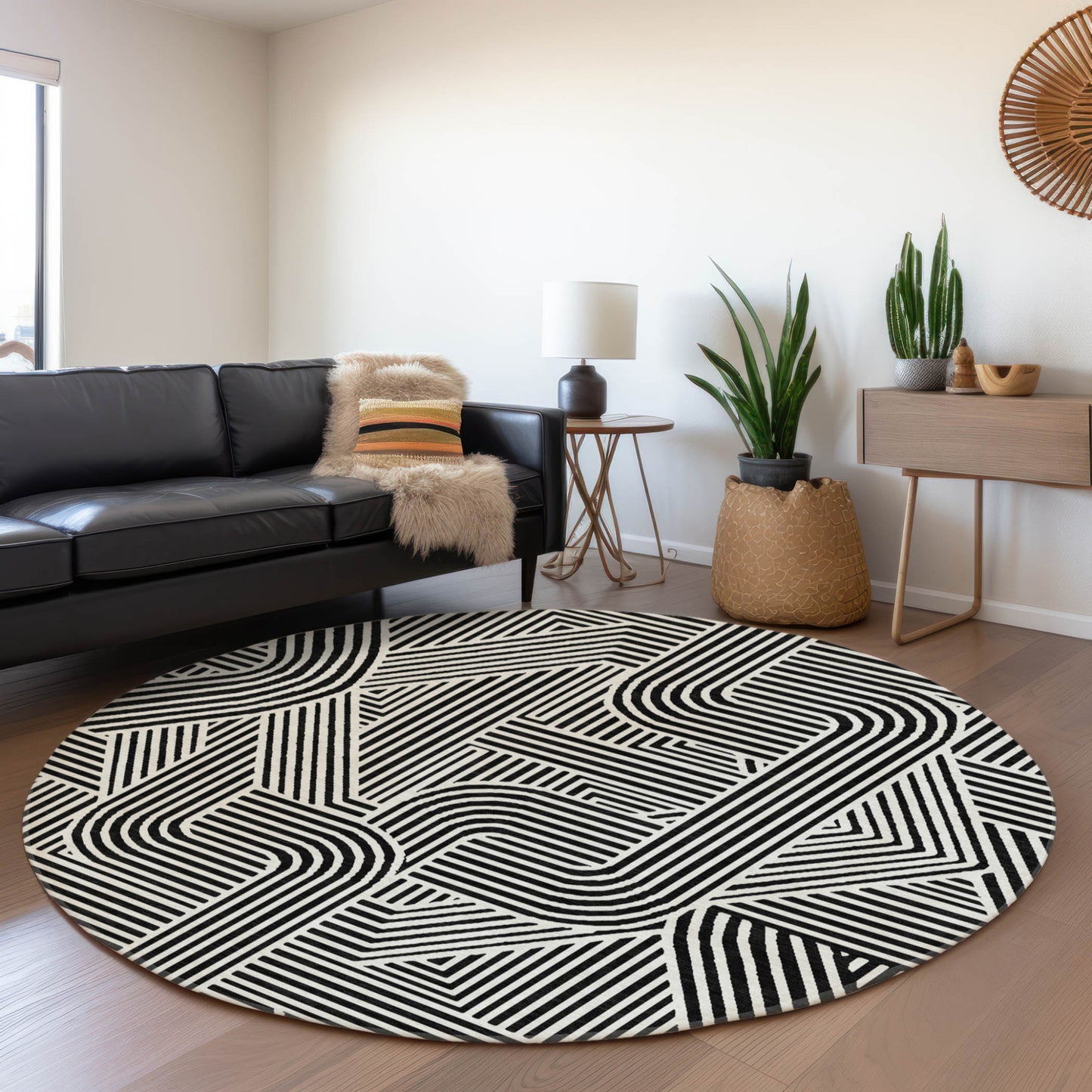 Tabselect Home Line 8' Black And Ivory Round Abstract Washable Indoor Outdoor Area Rug