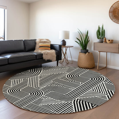 Tabselect Home Line 8' Black And Ivory Round Abstract Washable Indoor Outdoor Area Rug