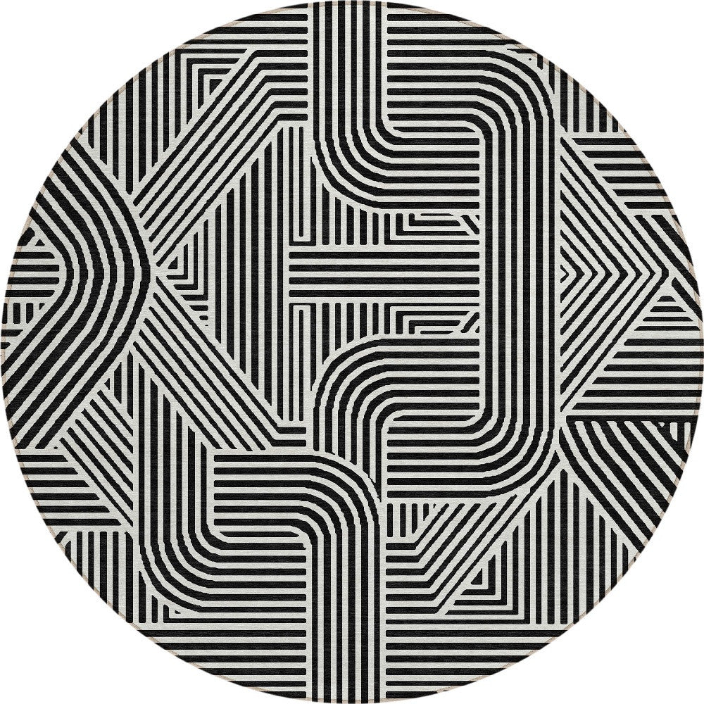 Tabselect Home Line 8' Black And Ivory Round Abstract Washable Indoor Outdoor Area Rug