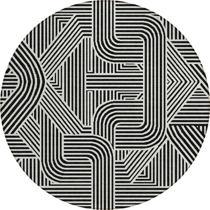 Tabselect Home Line 8' Black And Ivory Round Abstract Washable Indoor Outdoor Area Rug