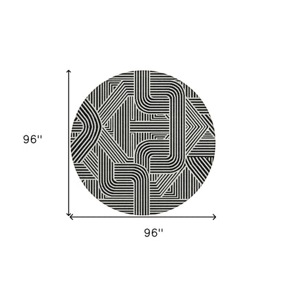 Tabselect Home Line 8' Black And Ivory Round Abstract Washable Indoor Outdoor Area Rug