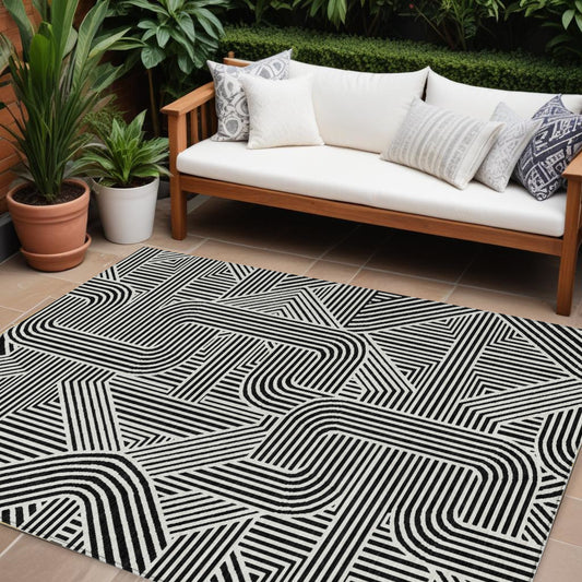 Tabselect Home Line 8' X 10' Black And Ivory Abstract Washable Indoor Outdoor Area Rug
