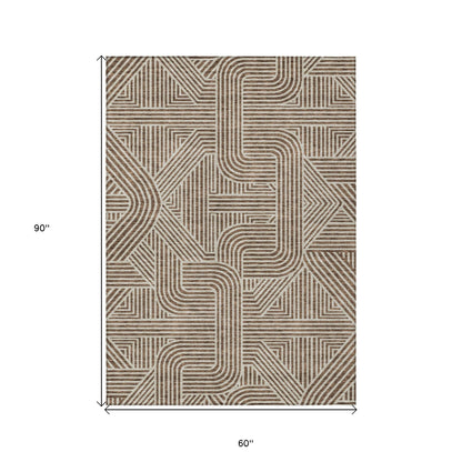 Tabselect Home Line 5' X 8' Brown And Beige Abstract Washable Indoor Outdoor Area Rug