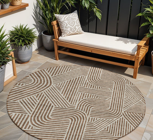 Tabselect Home Line 8' Brown And Beige Round Abstract Washable Indoor Outdoor Area Rug
