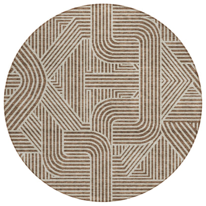 Tabselect Home Line 8' Brown And Beige Round Abstract Washable Indoor Outdoor Area Rug