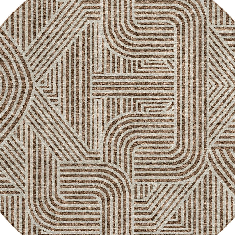 Tabselect Home Line 8' Brown And Beige Round Abstract Washable Indoor Outdoor Area Rug