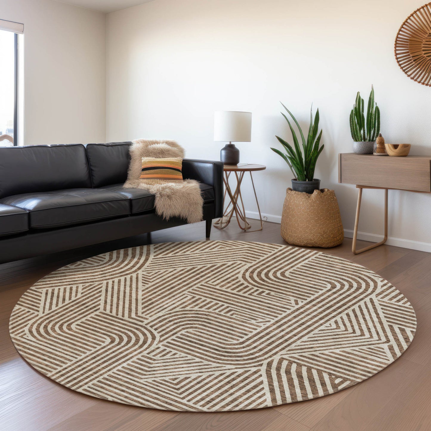 Tabselect Home Line 8' Brown And Beige Round Abstract Washable Indoor Outdoor Area Rug