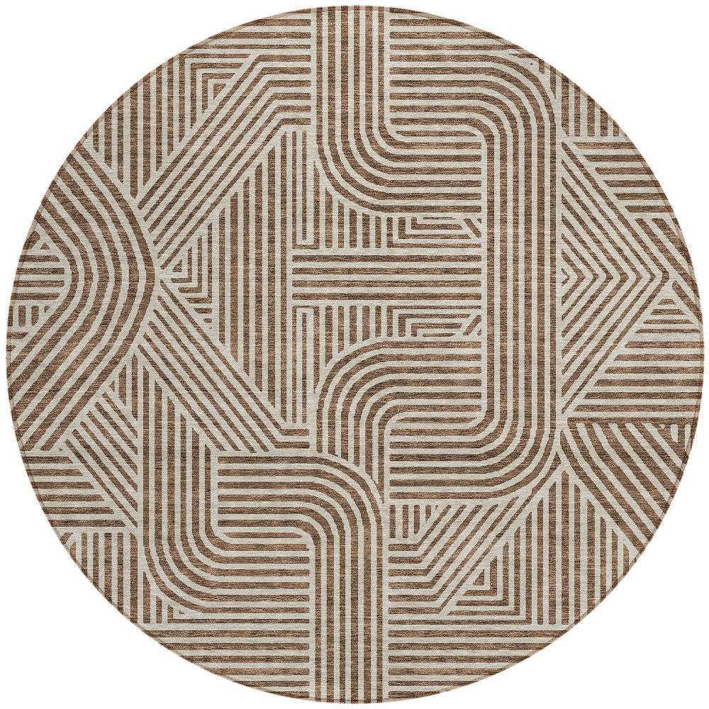 Tabselect Home Line 8' Brown And Beige Round Abstract Washable Indoor Outdoor Area Rug