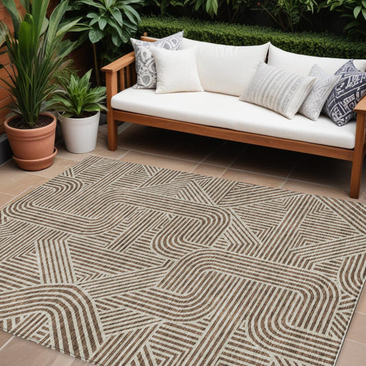 Tabselect Home Line 8' X 10' Brown And Beige Abstract Washable Indoor Outdoor Area Rug