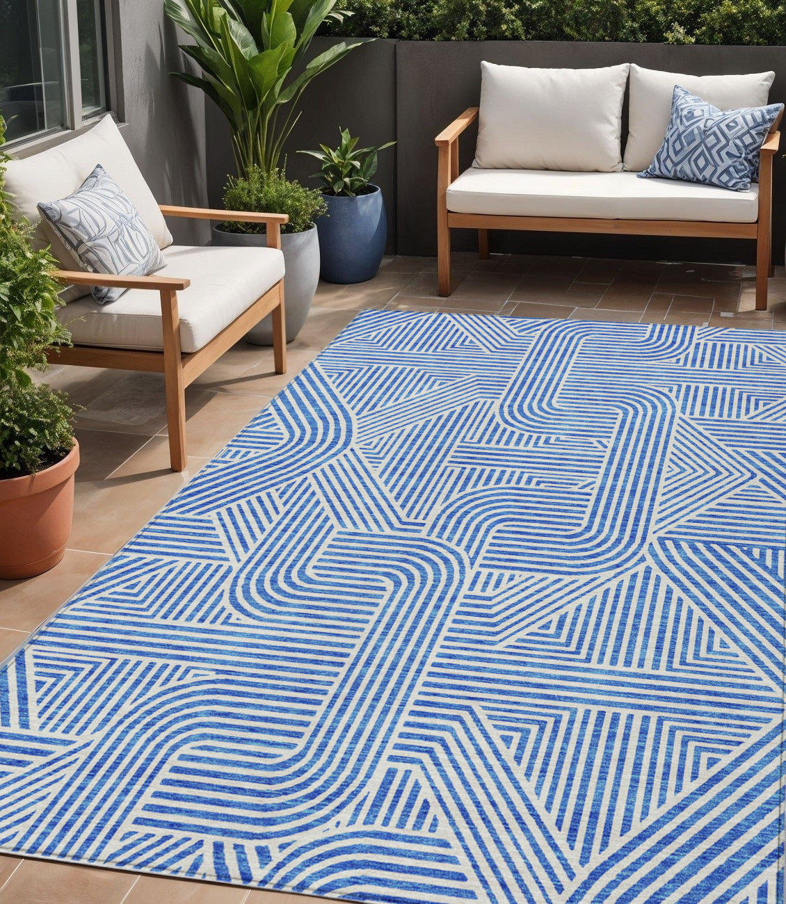 Tabselect Home Line 5' X 8' Blue And Ivory Abstract Washable Indoor Outdoor Area Rug