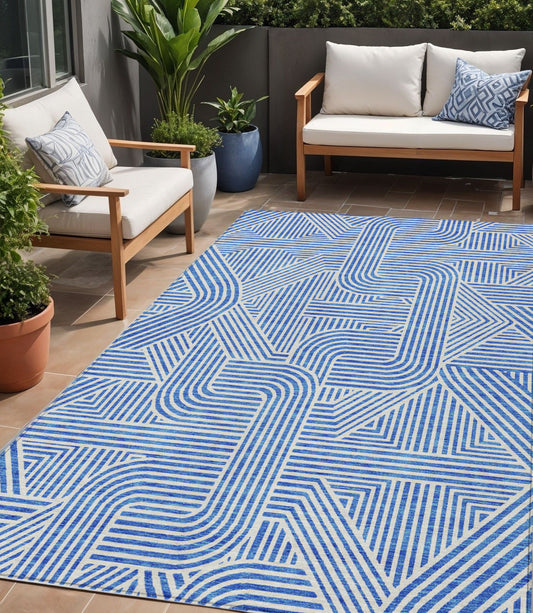 Tabselect Home Line 5' X 8' Blue And Ivory Abstract Washable Indoor Outdoor Area Rug