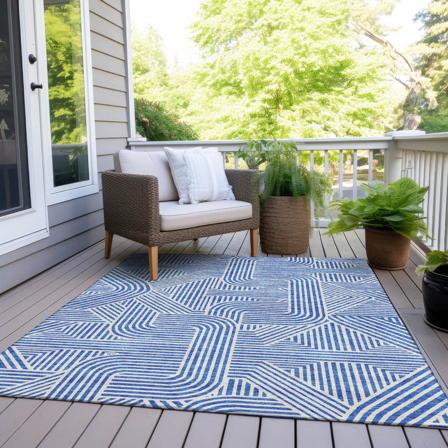 Tabselect Home Line 5' X 8' Blue And Ivory Abstract Washable Indoor Outdoor Area Rug