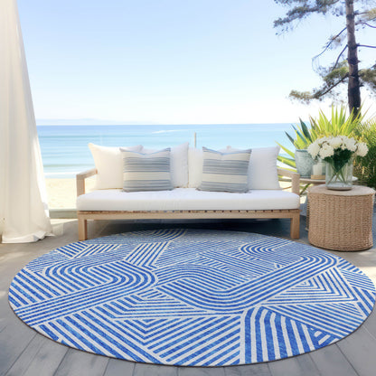 Tabselect Home Line 8' Blue And Ivory Round Abstract Washable Indoor Outdoor Area Rug