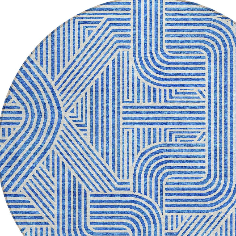Tabselect Home Line 8' Blue And Ivory Round Abstract Washable Indoor Outdoor Area Rug