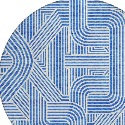 Tabselect Home Line 8' Blue And Ivory Round Abstract Washable Indoor Outdoor Area Rug