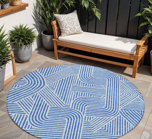 Tabselect Home Line 8' Blue And Ivory Round Abstract Washable Indoor Outdoor Area Rug
