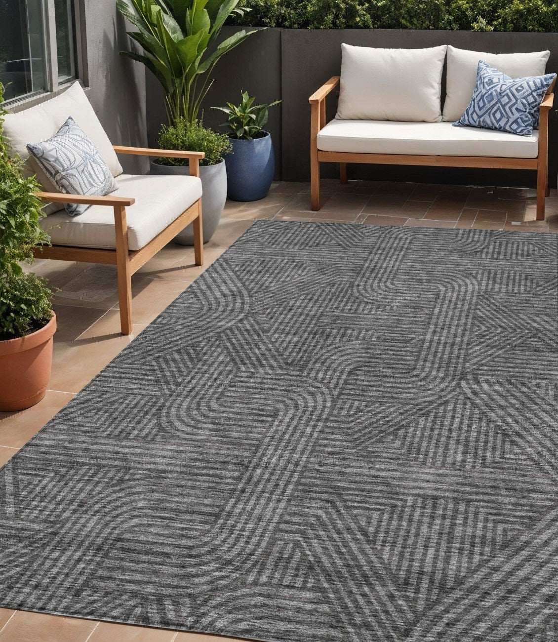 Tabselect Home Line 5' X 8' Charcoal And Gray Abstract Washable Indoor Outdoor Area Rug