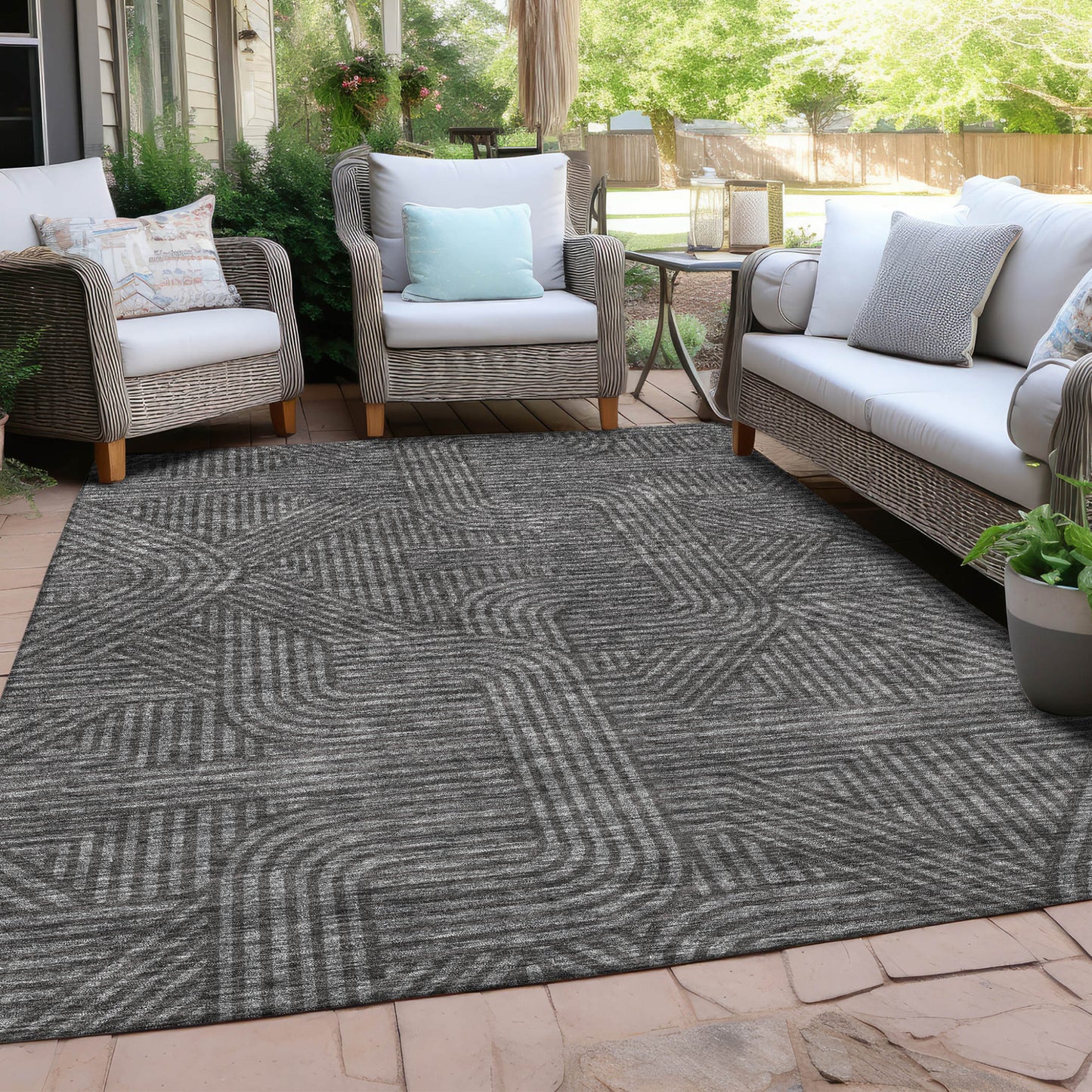 Tabselect Home Line 5' X 8' Charcoal And Gray Abstract Washable Indoor Outdoor Area Rug