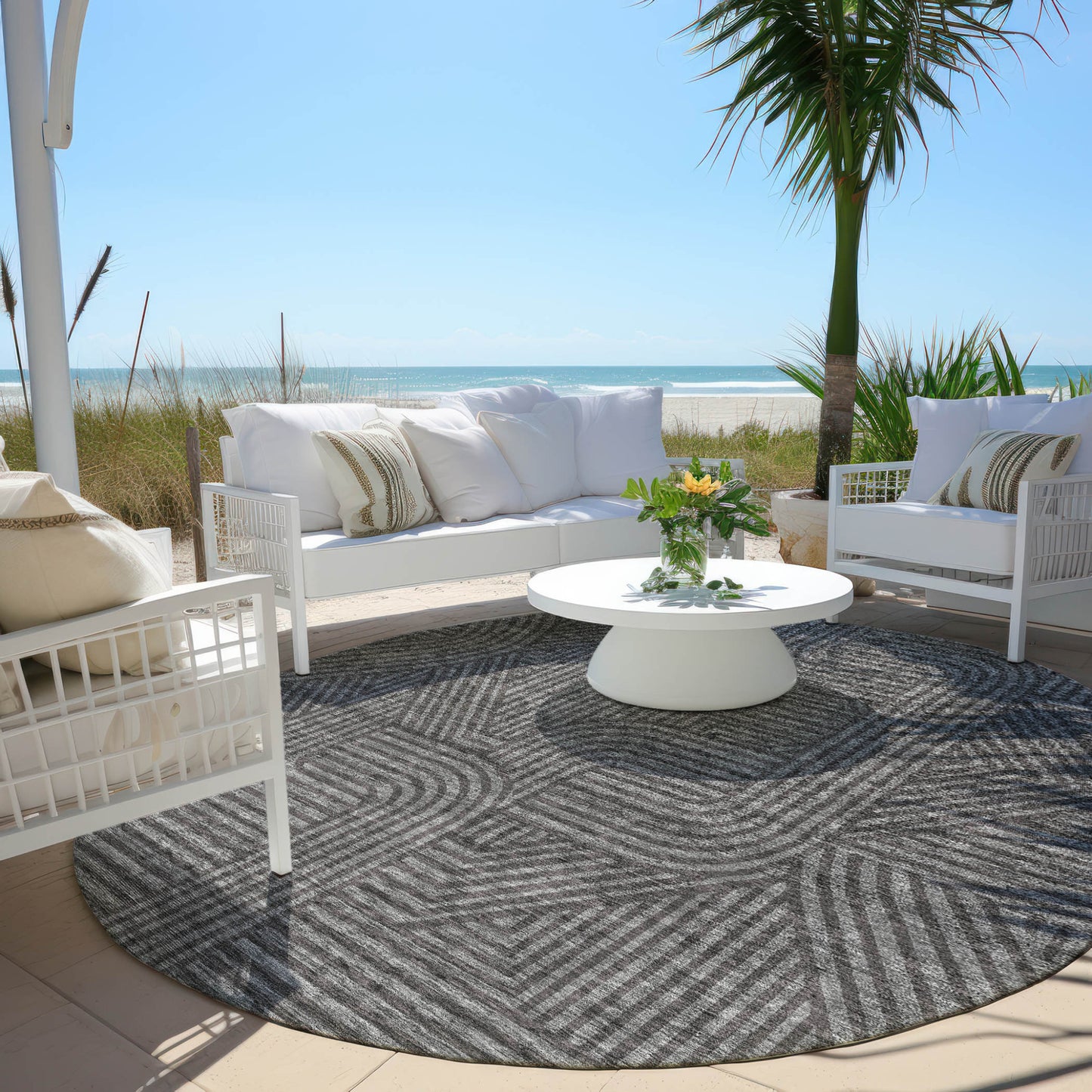 Tabselect Home Line 8' Charcoal And Gray Round Abstract Washable Indoor Outdoor Area Rug