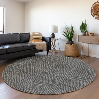Tabselect Home Line 8' Charcoal And Gray Round Abstract Washable Indoor Outdoor Area Rug