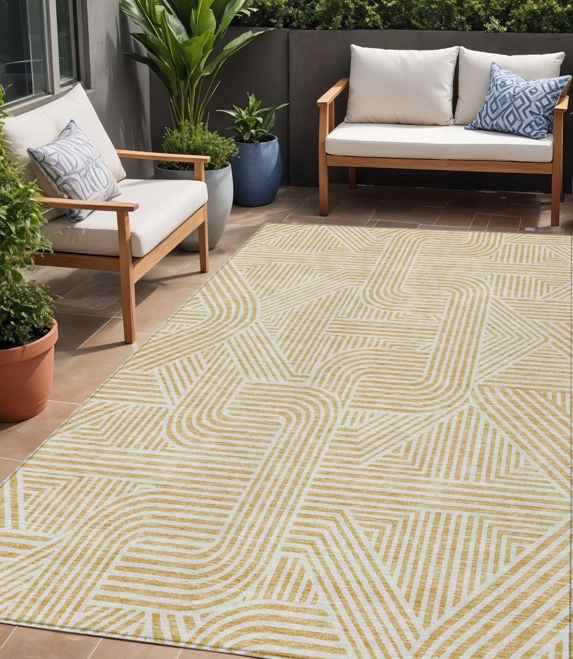 Tabselect Home Line 5' X 8' Gold And Beige Abstract Washable Indoor Outdoor Area Rug