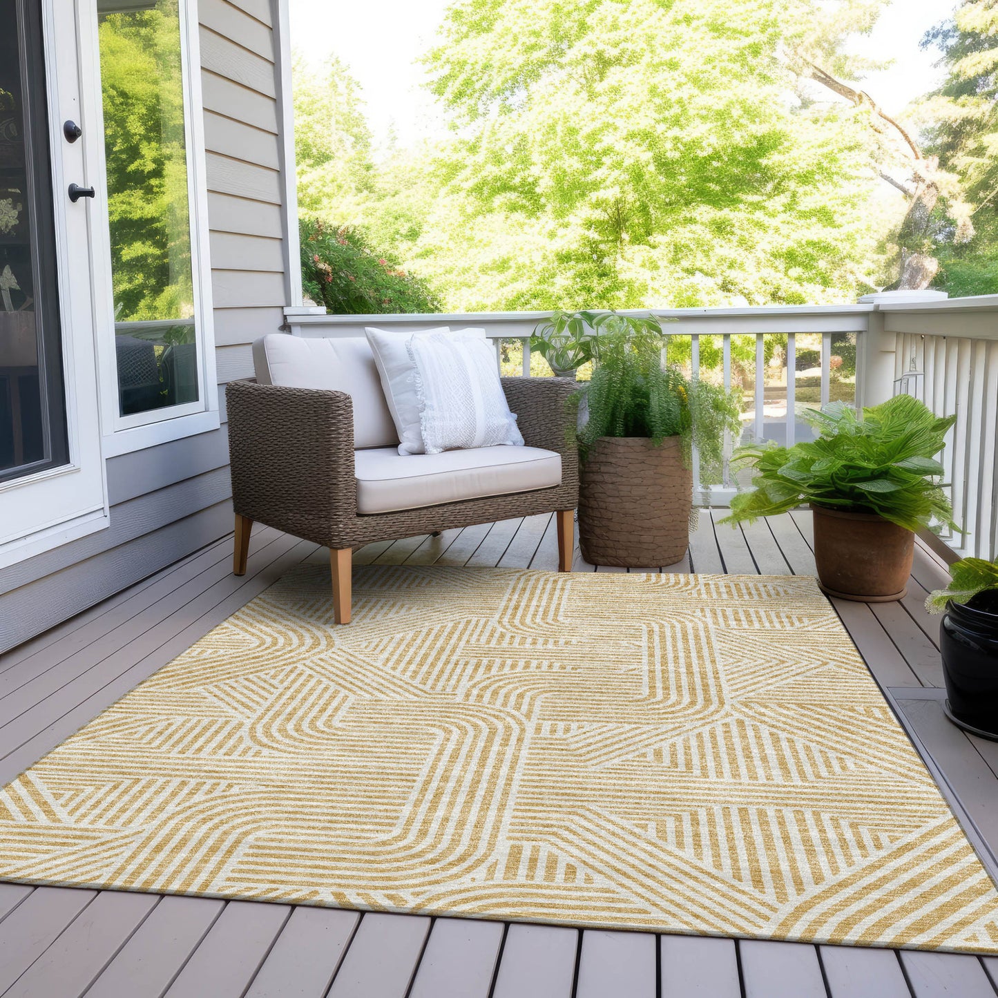 Tabselect Home Line 5' X 8' Gold And Beige Abstract Washable Indoor Outdoor Area Rug