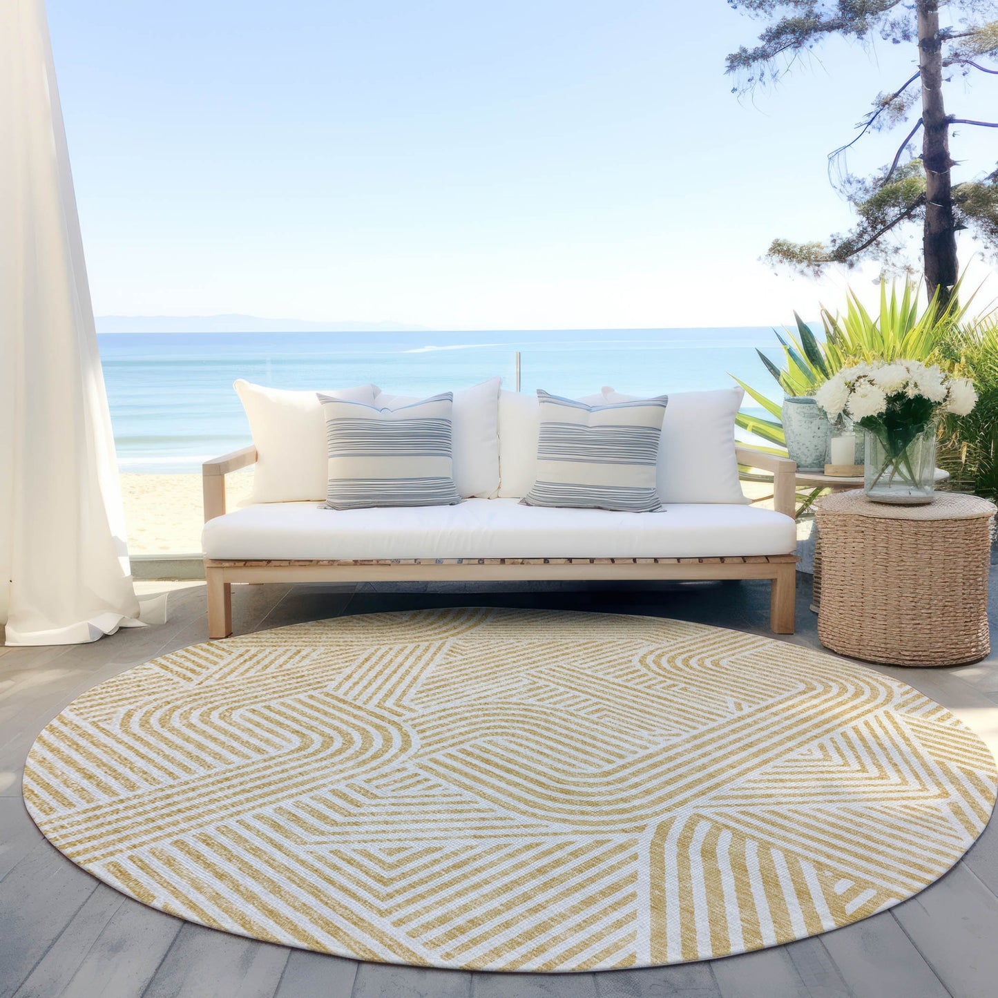 Tabselect Home Line 8' Gold And Beige Round Abstract Washable Indoor Outdoor Area Rug