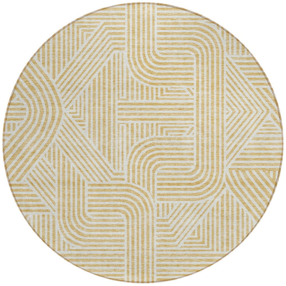Tabselect Home Line 8' Gold And Beige Round Abstract Washable Indoor Outdoor Area Rug