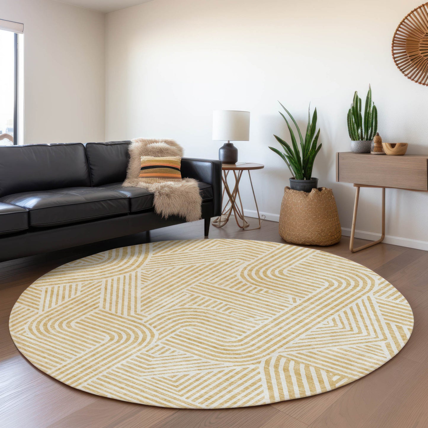 Tabselect Home Line 8' Gold And Beige Round Abstract Washable Indoor Outdoor Area Rug