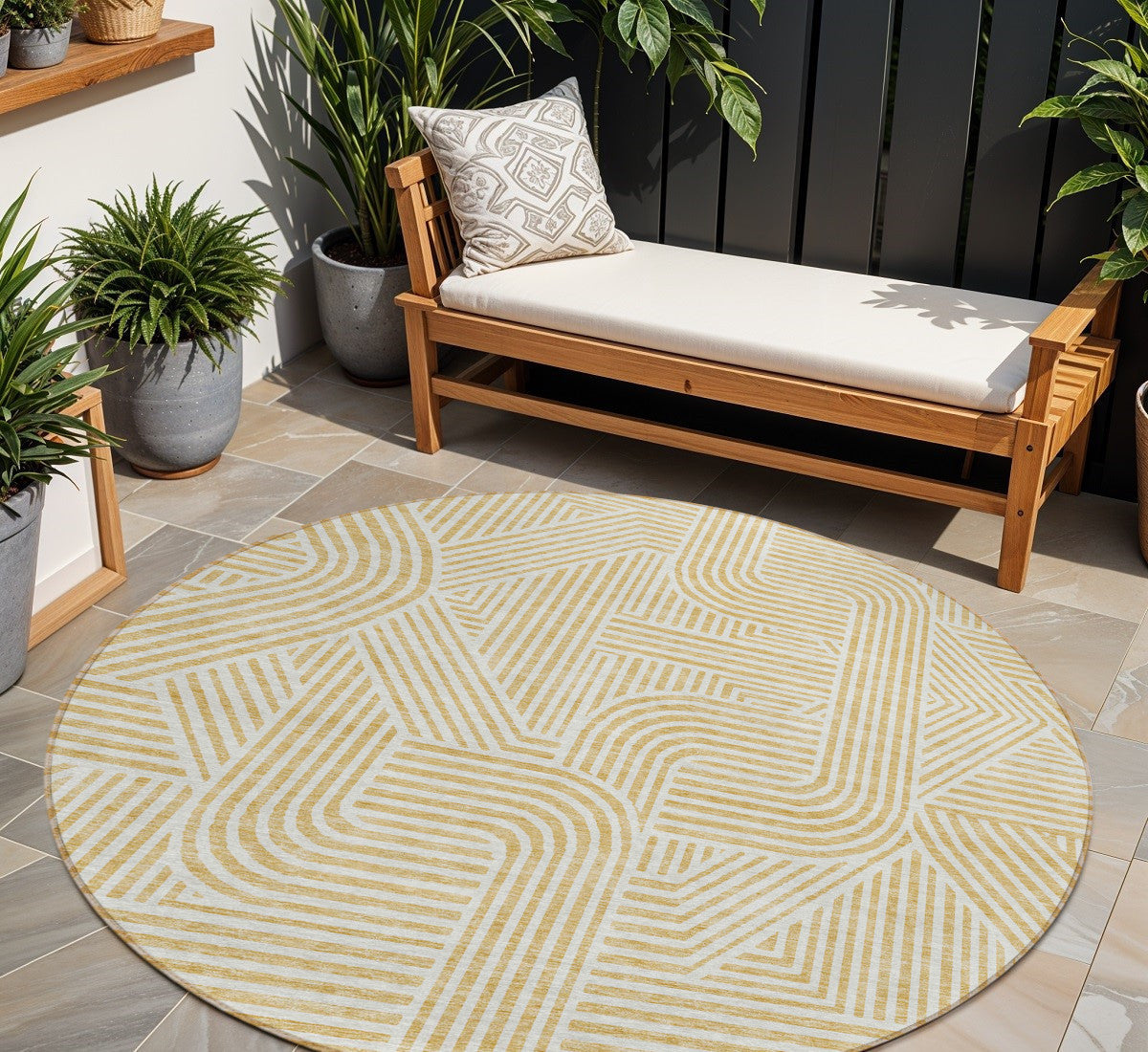 Tabselect Home Line 8' Gold And Beige Round Abstract Washable Indoor Outdoor Area Rug