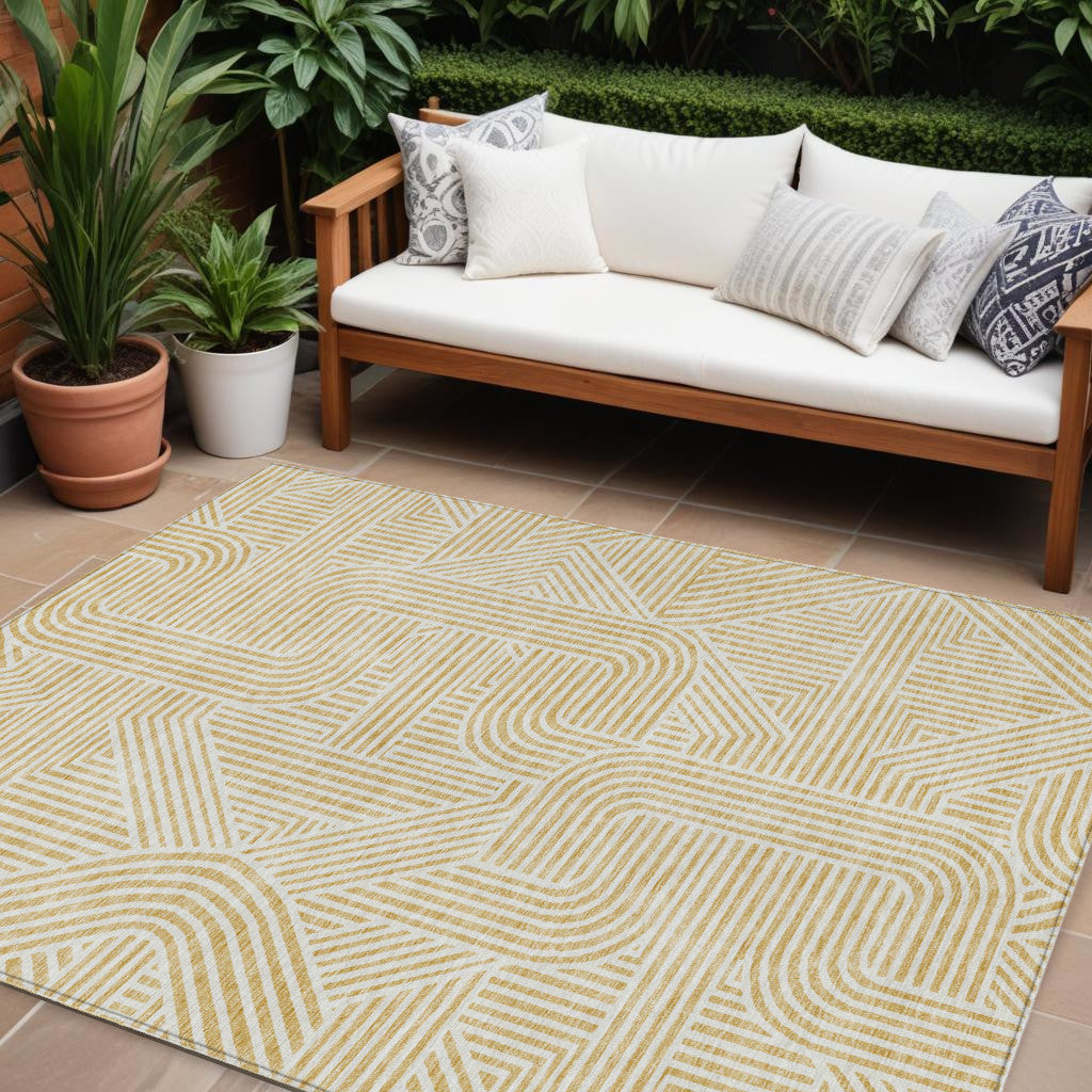 Tabselect Home Line 8' X 10' Gold And Beige Abstract Washable Indoor Outdoor Area Rug