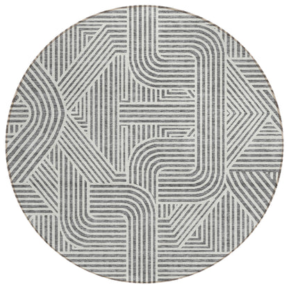 Tabselect Home Line 8' Gray And Ivory Round Abstract Washable Indoor Outdoor Area Rug
