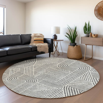 Tabselect Home Line 8' Gray And Ivory Round Abstract Washable Indoor Outdoor Area Rug