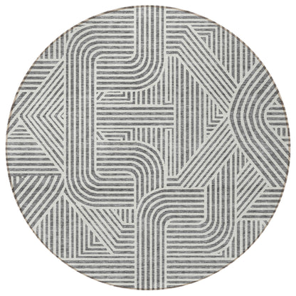 Tabselect Home Line 8' Gray And Ivory Round Abstract Washable Indoor Outdoor Area Rug